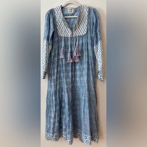 SZ Blockprints Kitty Printed Cotton Midi Dress in Blue Purple Women's size Small